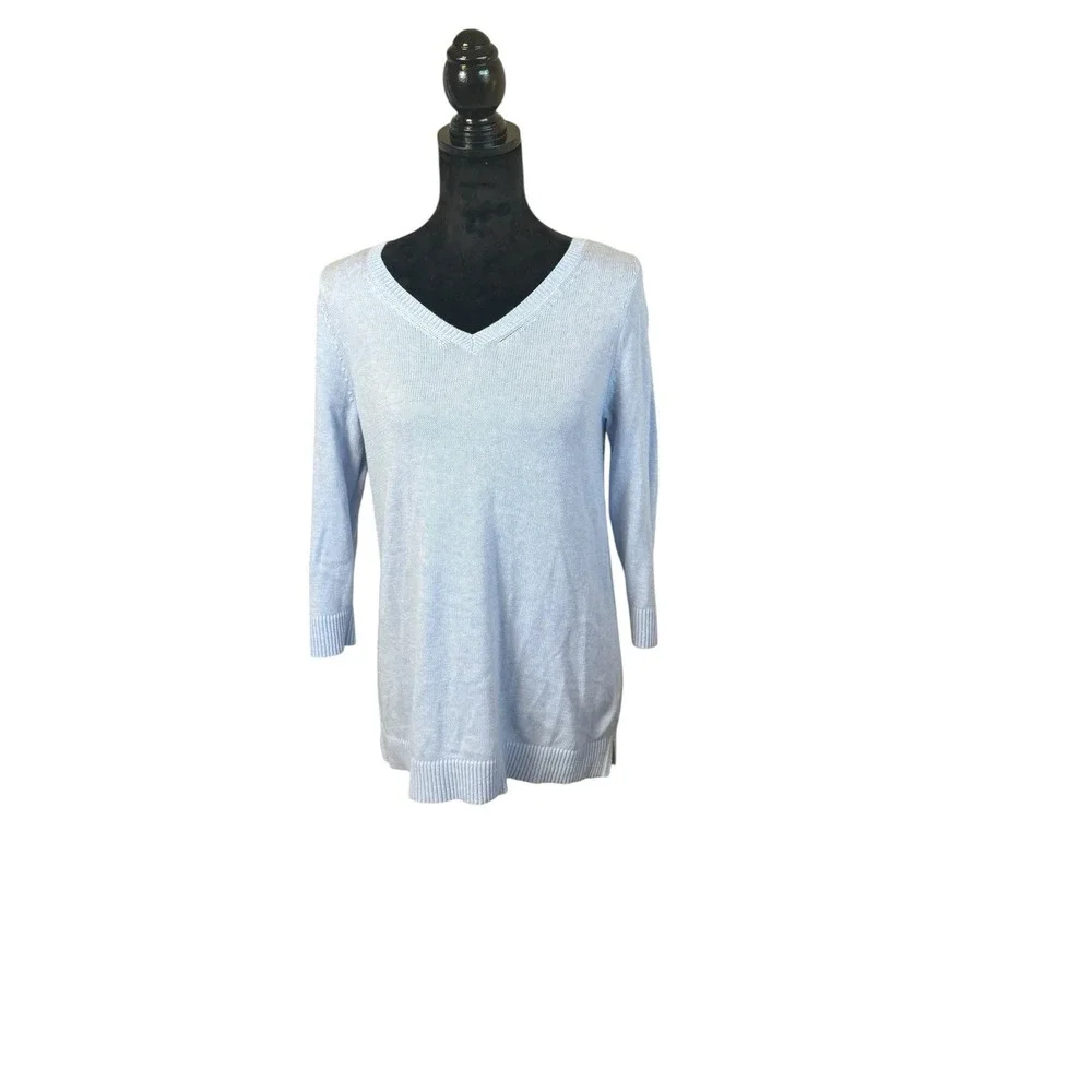 Talbots Double V-Neck Tie Back Sweater Light Blue Small Petite Preppy Coquette‎